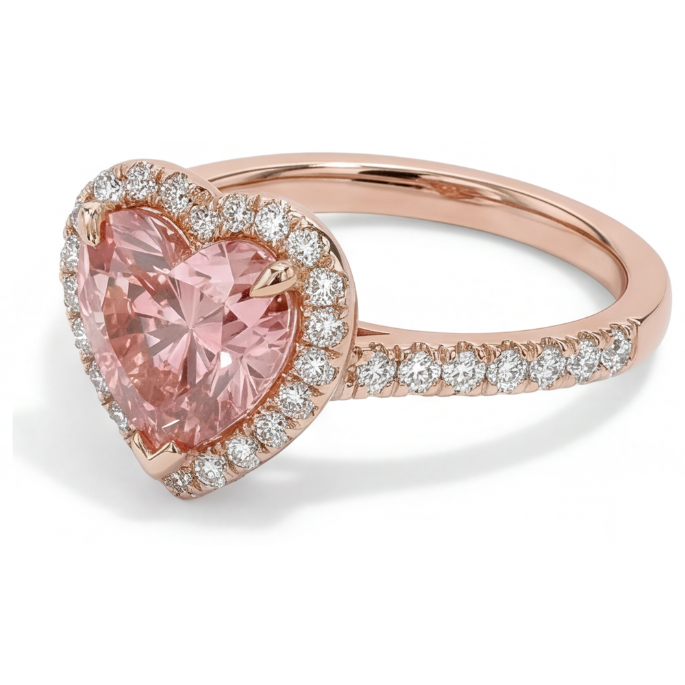 Heart Padparadscha and White Diamond Halo Ring Natural 14K Rose Gold