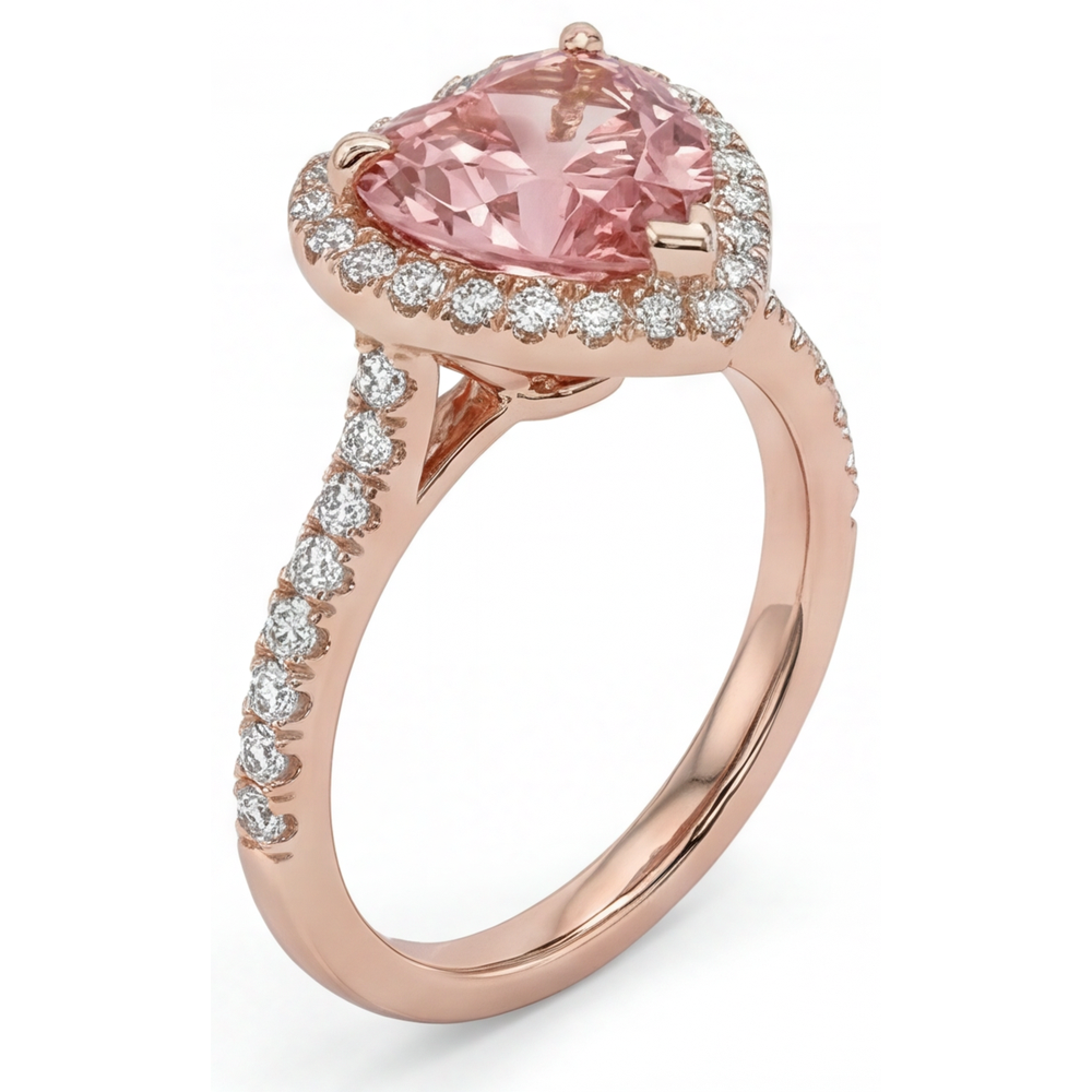 Heart Padparadscha and White Diamond Halo Ring Natural 14K Rose Gold