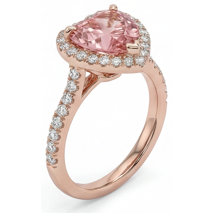 Heart Padparadscha and White Diamond Halo Ring Natural 14K Rose Gold