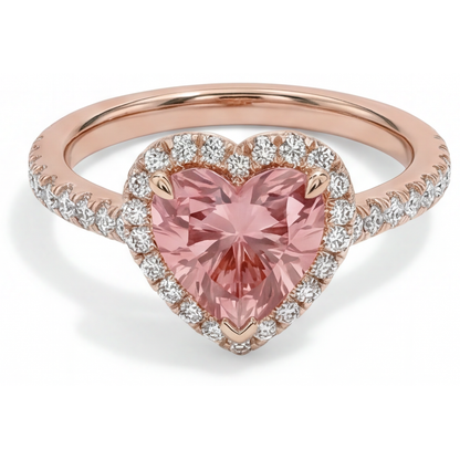 Heart Padparadscha and White Diamond Halo Ring Natural 14K Rose Gold