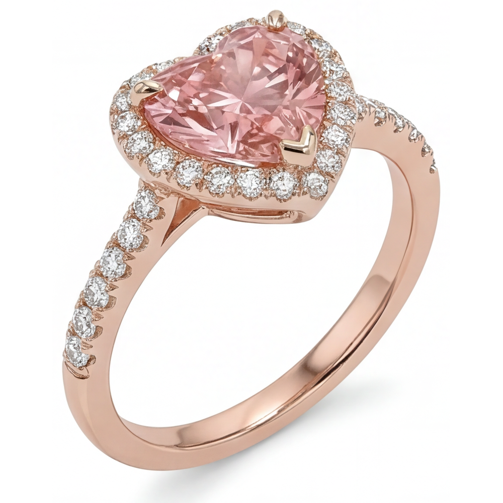 Heart Padparadscha and White Diamond Halo Ring Natural 14K Rose Gold