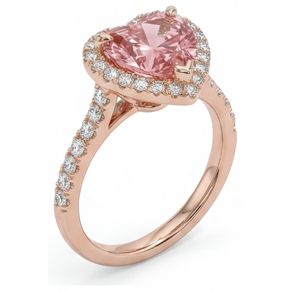 Heart Padparadscha and White Diamond Halo Ring Natural 14K Rose Gold