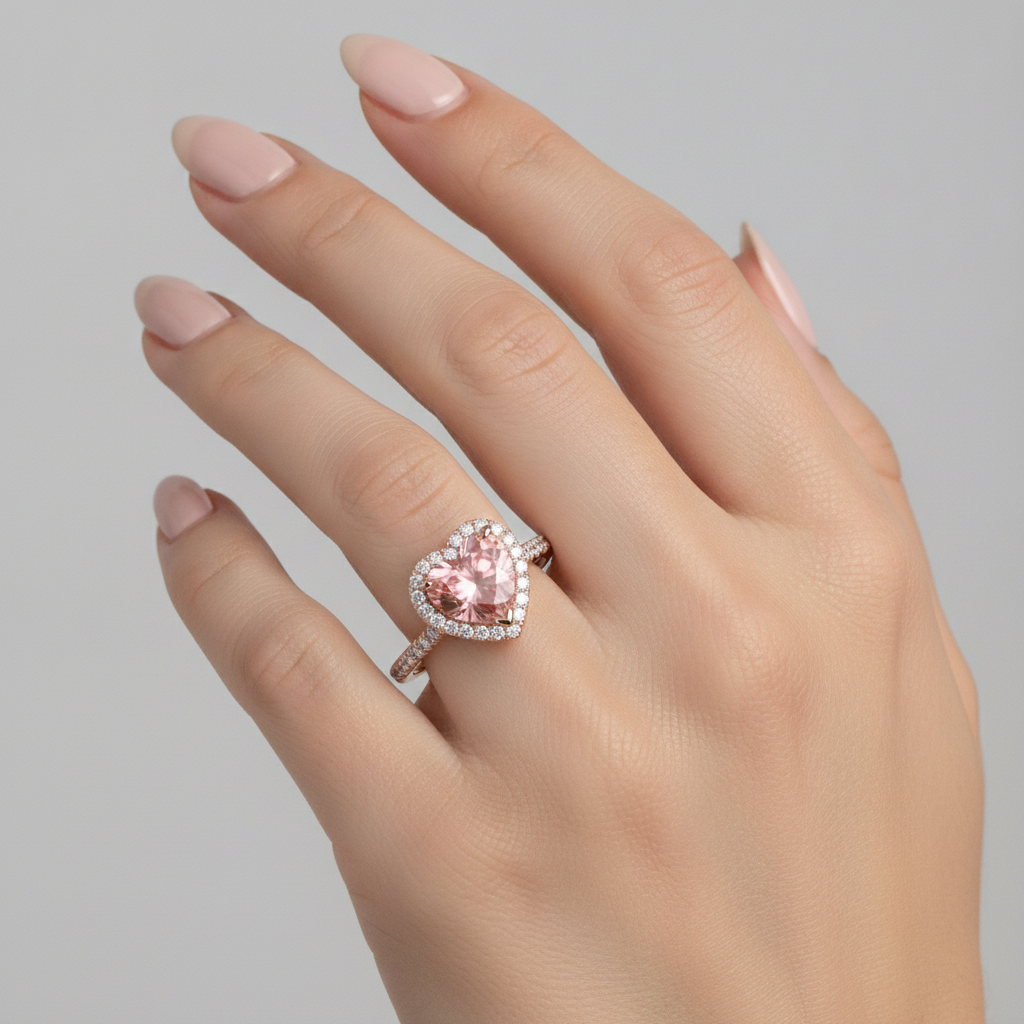 Heart Padparadscha and White Diamond Halo Ring Natural 14K Rose Gold
