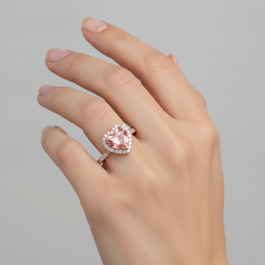 Heart Padparadscha and White Diamond Halo Ring Natural 14K Rose Gold