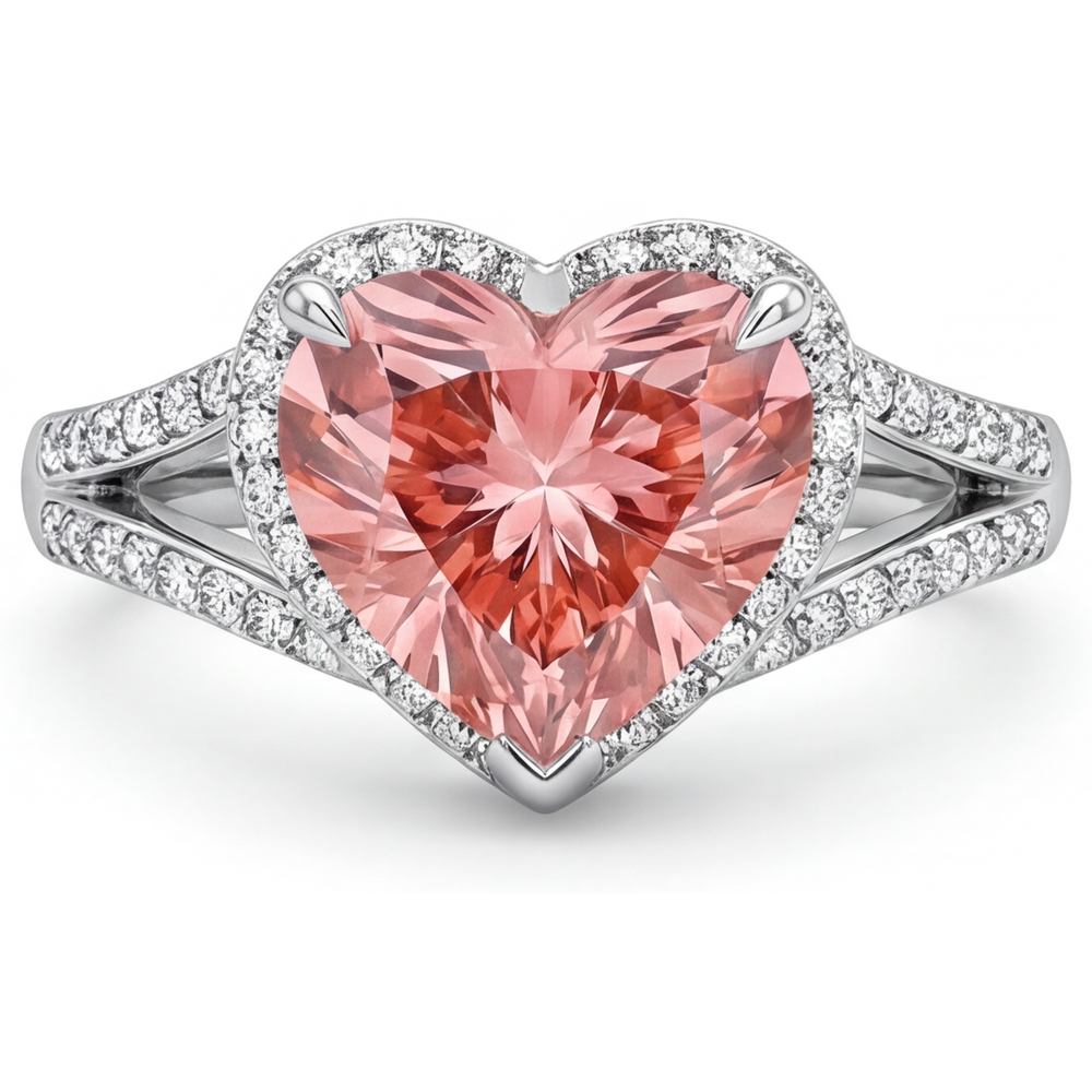 Heart Padparadscha and White Diamond Halo Ring Natural 14K White Gold
