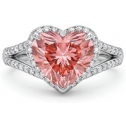 Heart Padparadscha and White Diamond Halo Ring Natural 14K White Gold