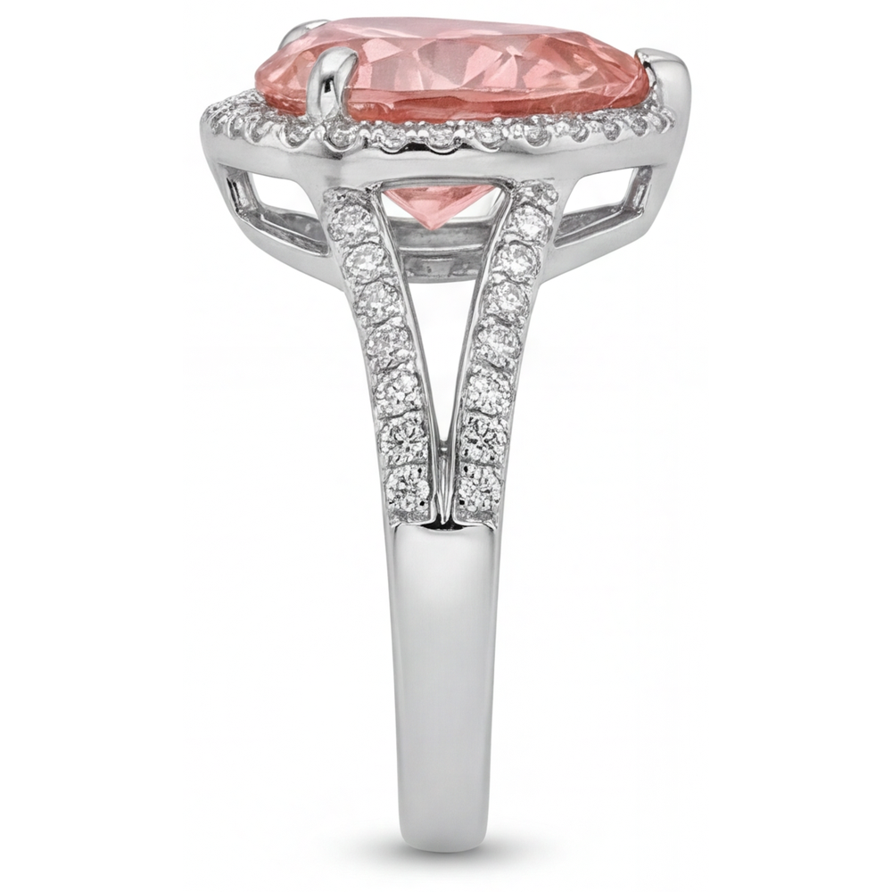 Heart Padparadscha and White Diamond Halo Ring Natural 14K White Gold