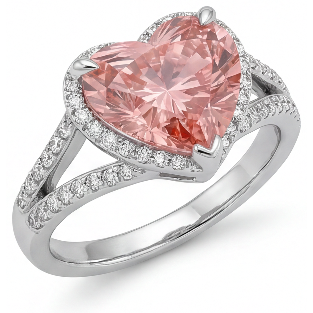 Heart Padparadscha and White Diamond Halo Ring Natural 14K White Gold