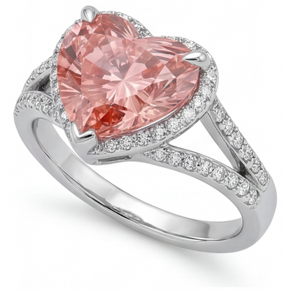 Heart Padparadscha and White Diamond Halo Ring Natural 14K White Gold
