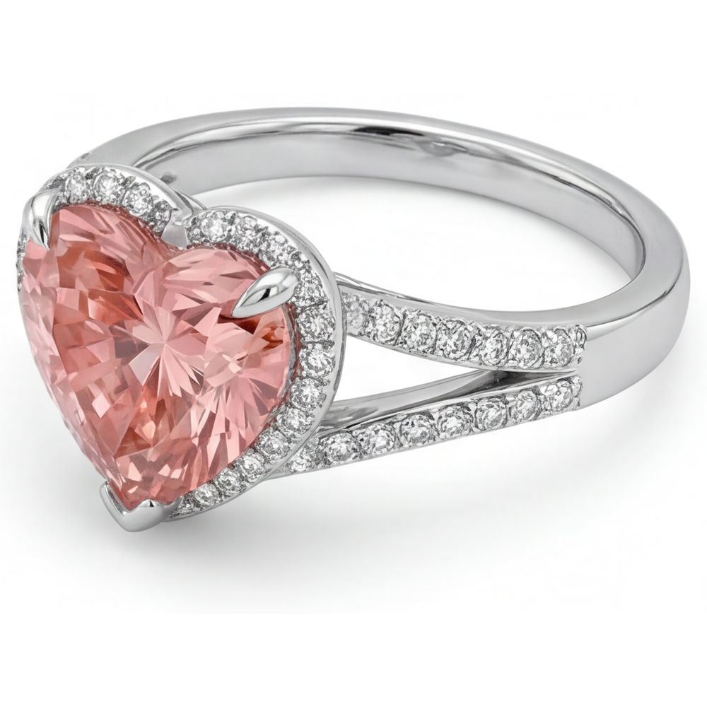 Heart Padparadscha and White Diamond Halo Ring Natural 14K White Gold