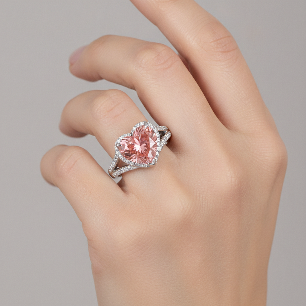 Heart Padparadscha and White Diamond Halo Ring Natural 14K White Gold
