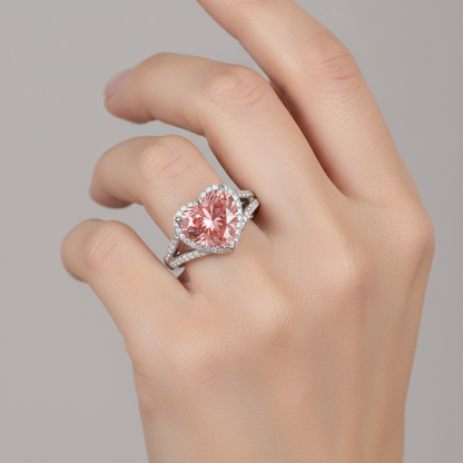 Heart Padparadscha and White Diamond Halo Ring Natural 14K White Gold