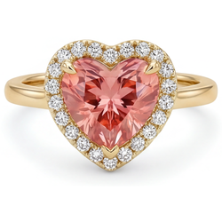 Heart Padparadscha and White Diamond Halo Ring Natural 14K Yellow Gold