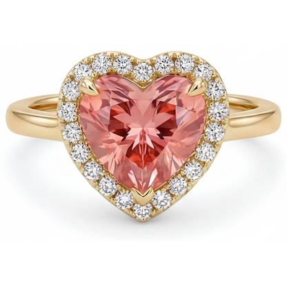 Heart Padparadscha and White Diamond Halo Ring Natural 14K Yellow Gold