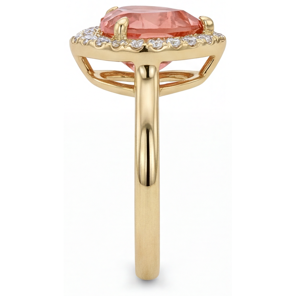 Heart Padparadscha and White Diamond Halo Ring Natural 14K Yellow Gold