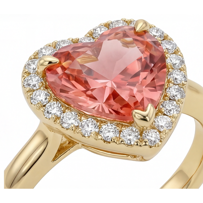 Heart Padparadscha and White Diamond Halo Ring Natural 14K Yellow Gold