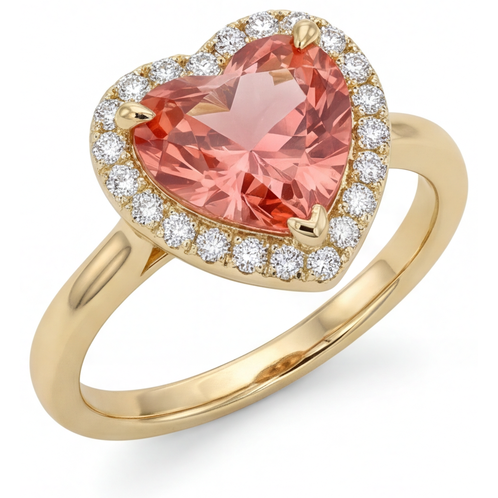 Heart Padparadscha and White Diamond Halo Ring Natural 14K Yellow Gold