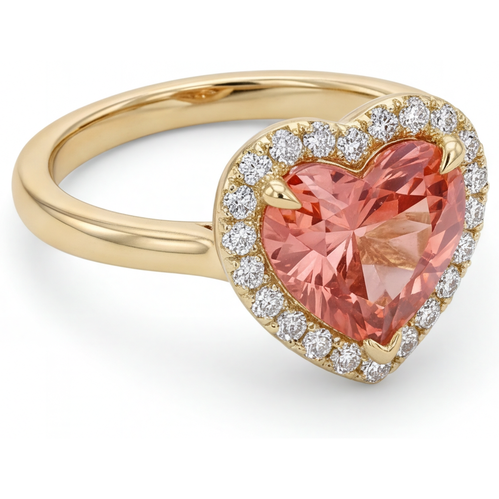 Heart Padparadscha and White Diamond Halo Ring Natural 14K Yellow Gold