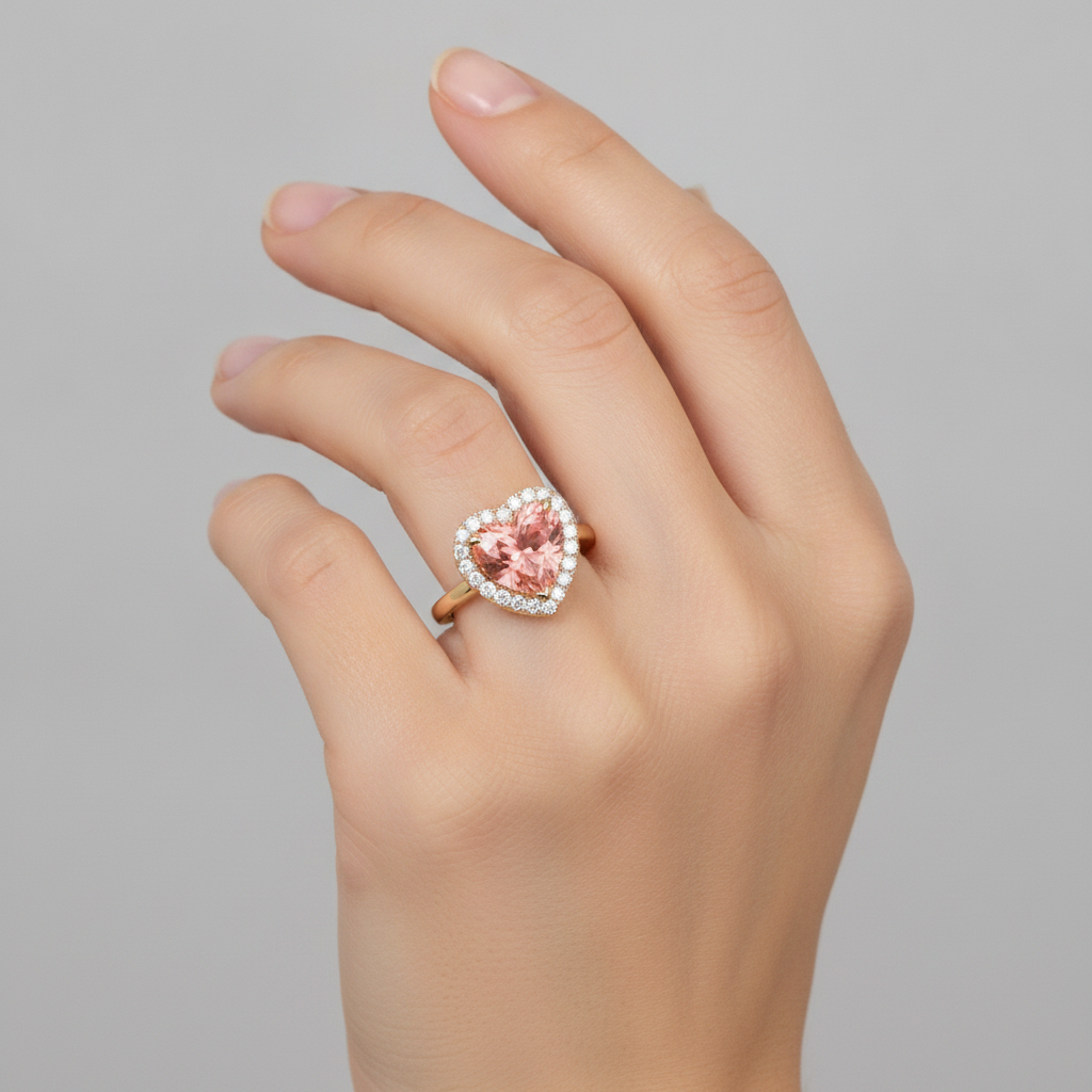 Heart Padparadscha and White Diamond Halo Ring Natural 14K Yellow Gold