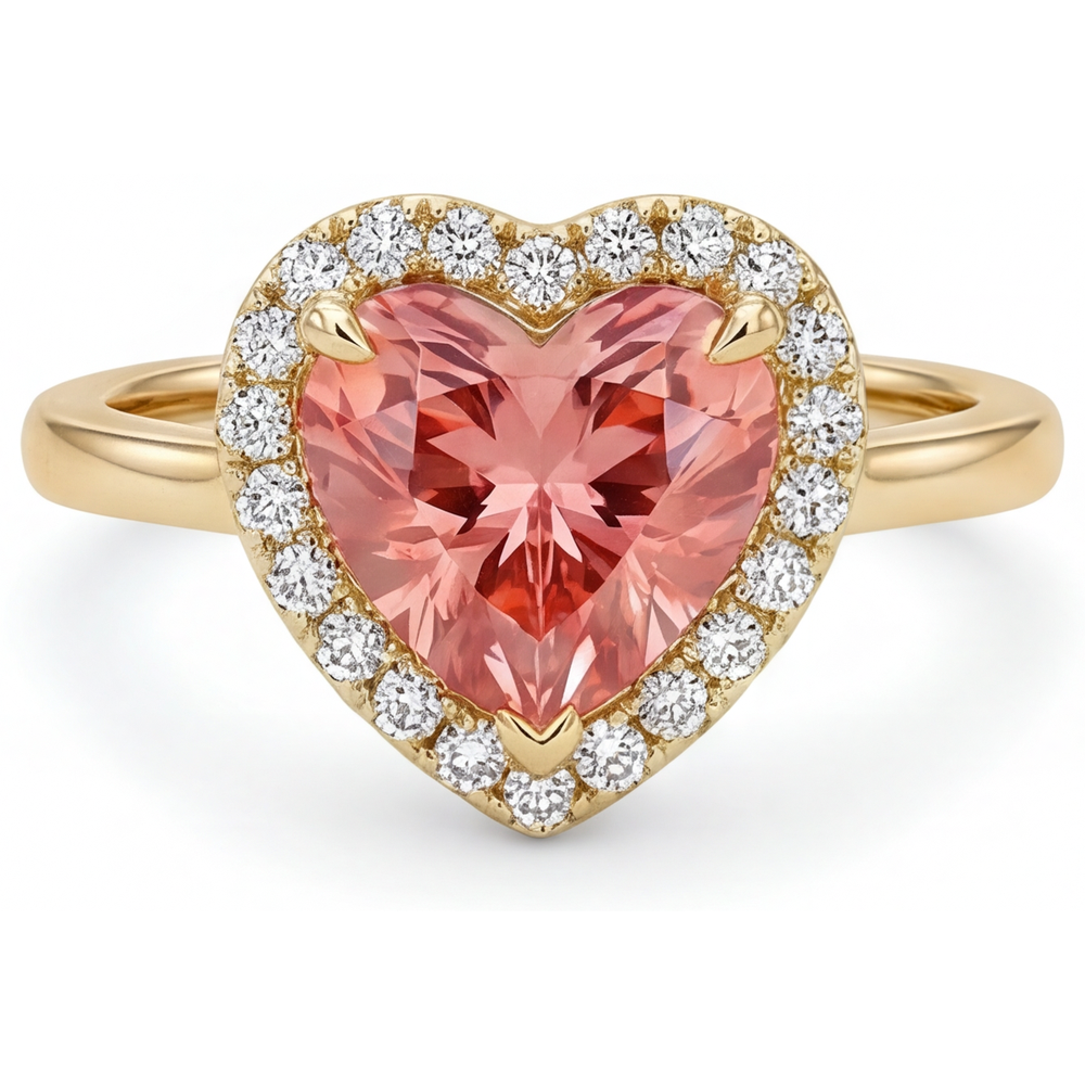 Heart Padparadscha and White Diamond Halo Ring Natural 14K Yellow Gold
