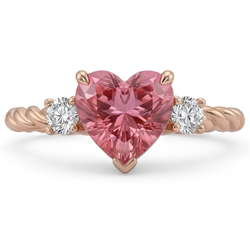 Heart Padparadscha and White Diamond Three Stone Ring Natural 14K Rose Gold