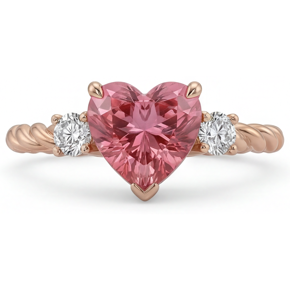 Heart Padparadscha and White Diamond Three Stone Ring Natural 14K Rose Gold