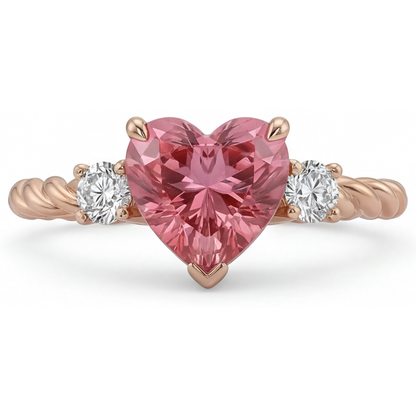 Heart Padparadscha and White Diamond Three Stone Ring Natural 14K Rose Gold