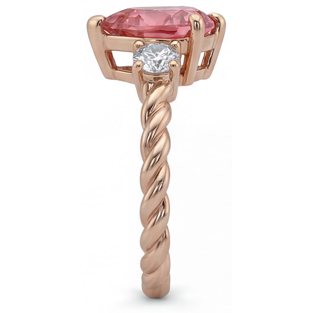 Heart Padparadscha and White Diamond Three Stone Ring Natural 14K Rose Gold
