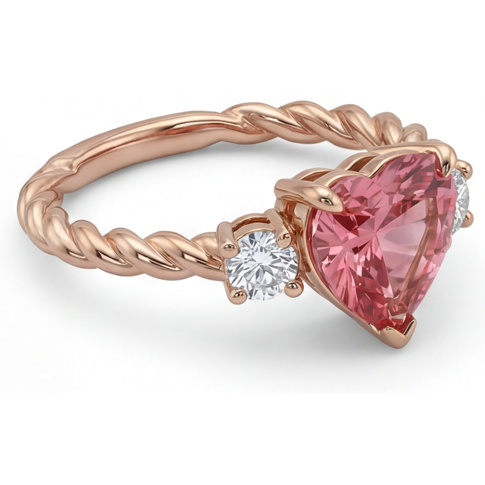 Heart Padparadscha and White Diamond Three Stone Ring Natural 14K Rose Gold