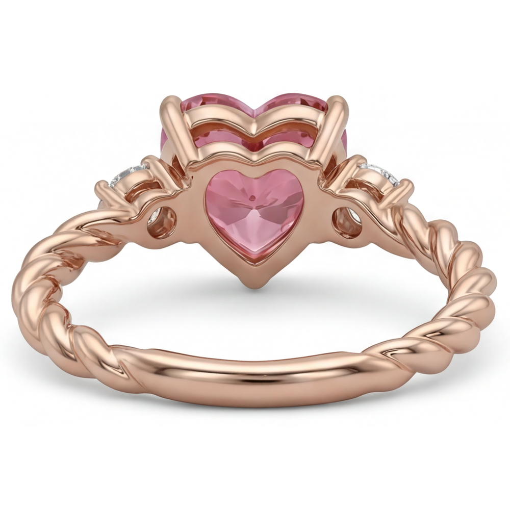 Heart Padparadscha and White Diamond Three Stone Ring Natural 14K Rose Gold