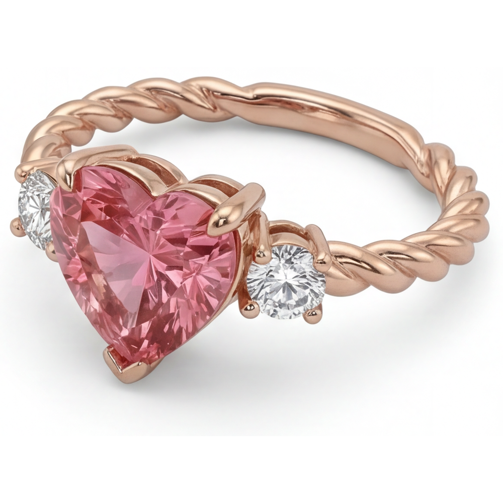 Heart Padparadscha and White Diamond Three Stone Ring Natural 14K Rose Gold
