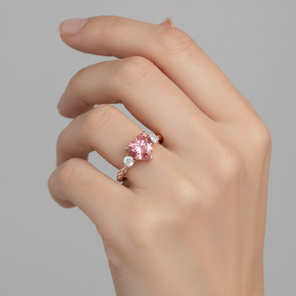 Heart Padparadscha and White Diamond Three Stone Ring Natural 14K Rose Gold