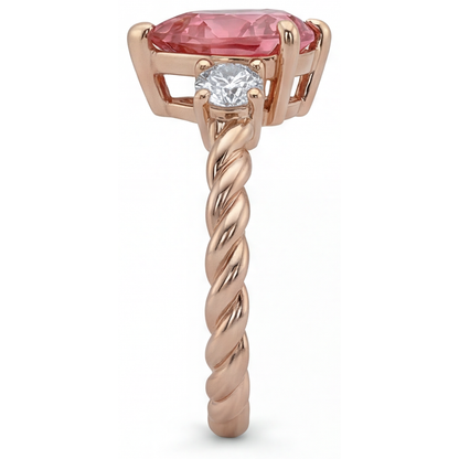 Heart Padparadscha and White Diamond Three Stone Ring Natural 14K Rose Gold