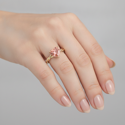 Heart Padparadscha Solitaire Ring Natural 14K Yellow Gold