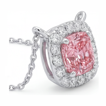 Pink Diamond Necklace 3.75 Carat Lab Grown Cushion Halo Pendant 14K White Gold