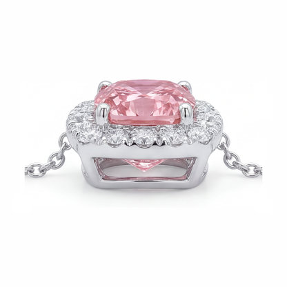 Pink Diamond Necklace 3.75 Carat Lab Grown Cushion Halo Pendant 14K White Gold