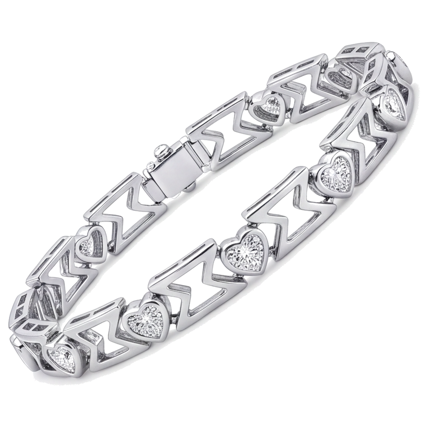 Lab Grown Diamond Bracelet 5 Carat Heart Chevron Link 14K White Gold 7 Inch