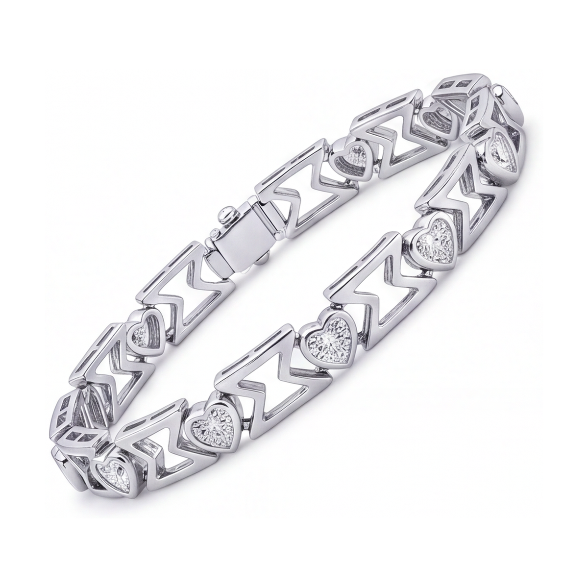 Lab Grown Diamond Bracelet 5 Carat Heart Chevron Link 14K White Gold 7 Inch