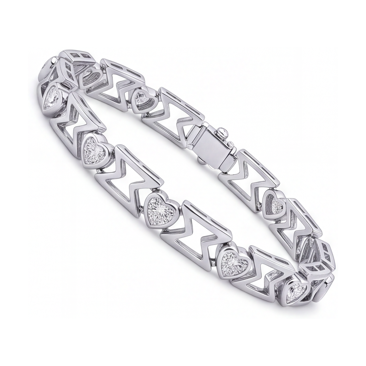 Lab Grown Diamond Bracelet 5 Carat Heart Chevron Link 14K White Gold 7 Inch