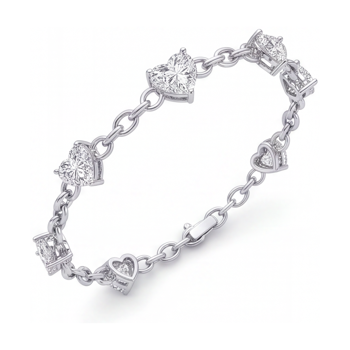 Lab Grown Diamond Heart Bracelet 3 Carat Station 14K White Gold 7 Inch