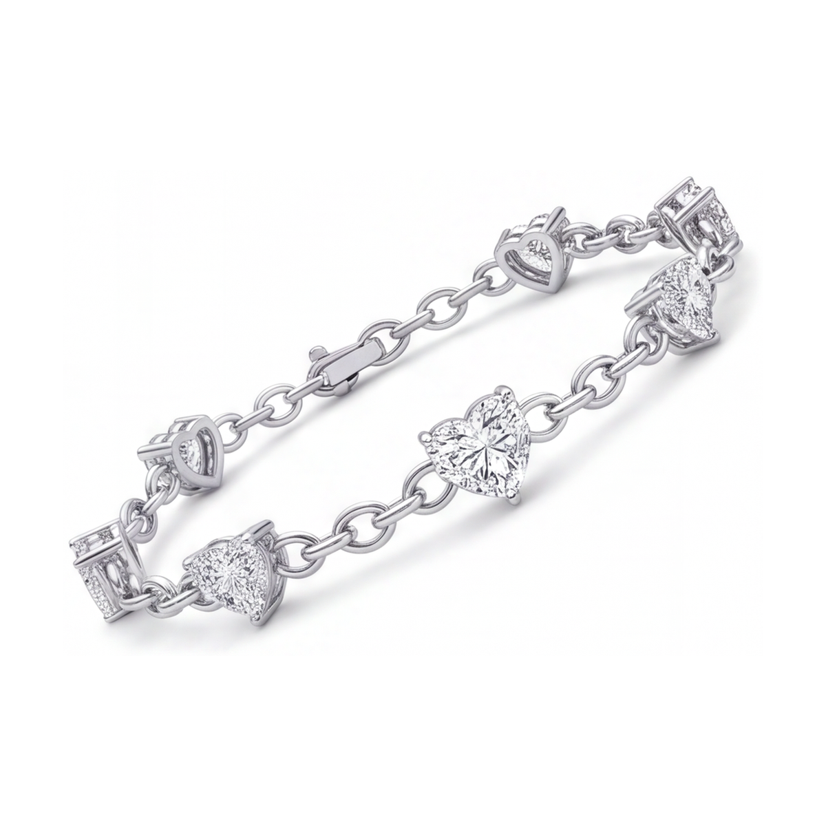 Lab Grown Diamond Heart Bracelet 3 Carat Station 14K White Gold 7 Inch
