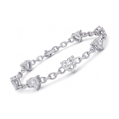 Lab Grown Diamond Heart Bracelet 3 Carat Station 14K White Gold 7 Inch