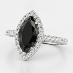 Marquise Black Diamond and White Diamond Halo Ring Natural 14K White Gold