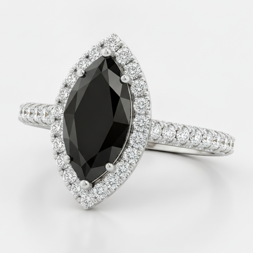 Marquise Black Diamond and White Diamond Halo Ring Natural 14K White Gold