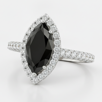 Marquise Black Diamond and White Diamond Halo Ring Natural 14K White Gold