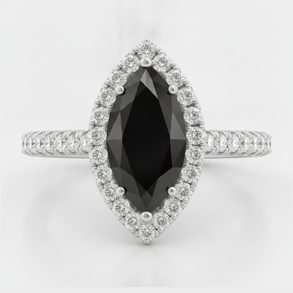 Marquise Black Diamond and White Diamond Halo Ring Natural 14K White Gold