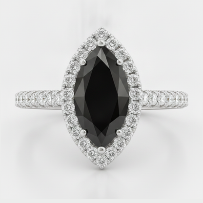 Marquise Black Diamond and White Diamond Halo Ring Natural 14K White Gold