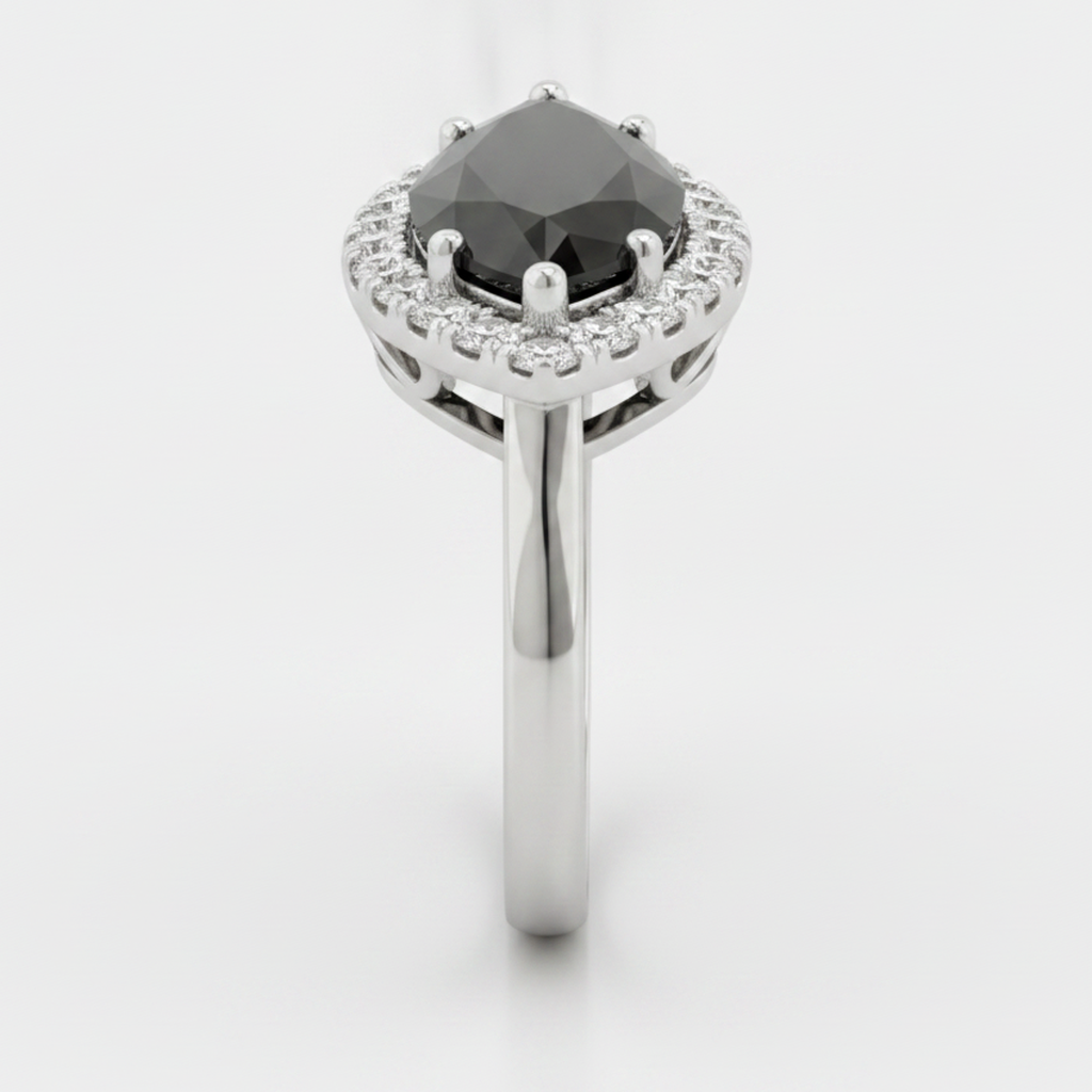 Marquise Black Diamond and White Diamond Halo Ring Natural 14K White Gold