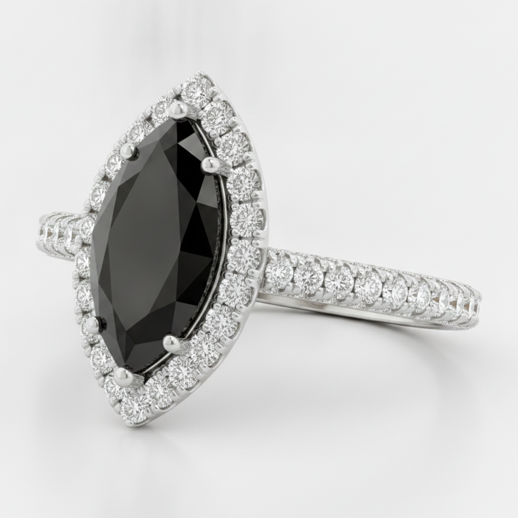 Marquise Black Diamond and White Diamond Halo Ring Natural 14K White Gold