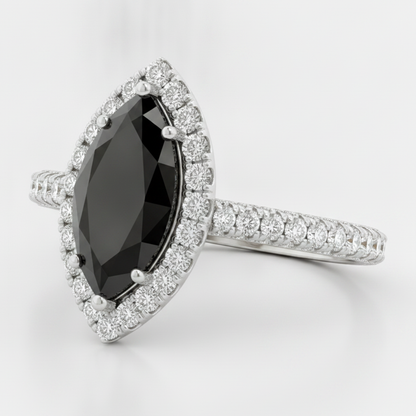 Marquise Black Diamond and White Diamond Halo Ring Natural 14K White Gold